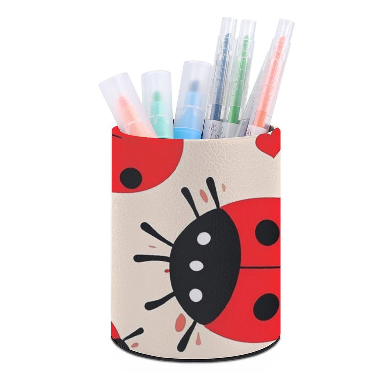 FekiLoot PU Leather Round Pen Holder Ladybug Pencil Holder Desk Organizer Pen Organizer Pen Cup Pencil Cup Caddy Desktop Stationery Organizers for Office Home Supplies