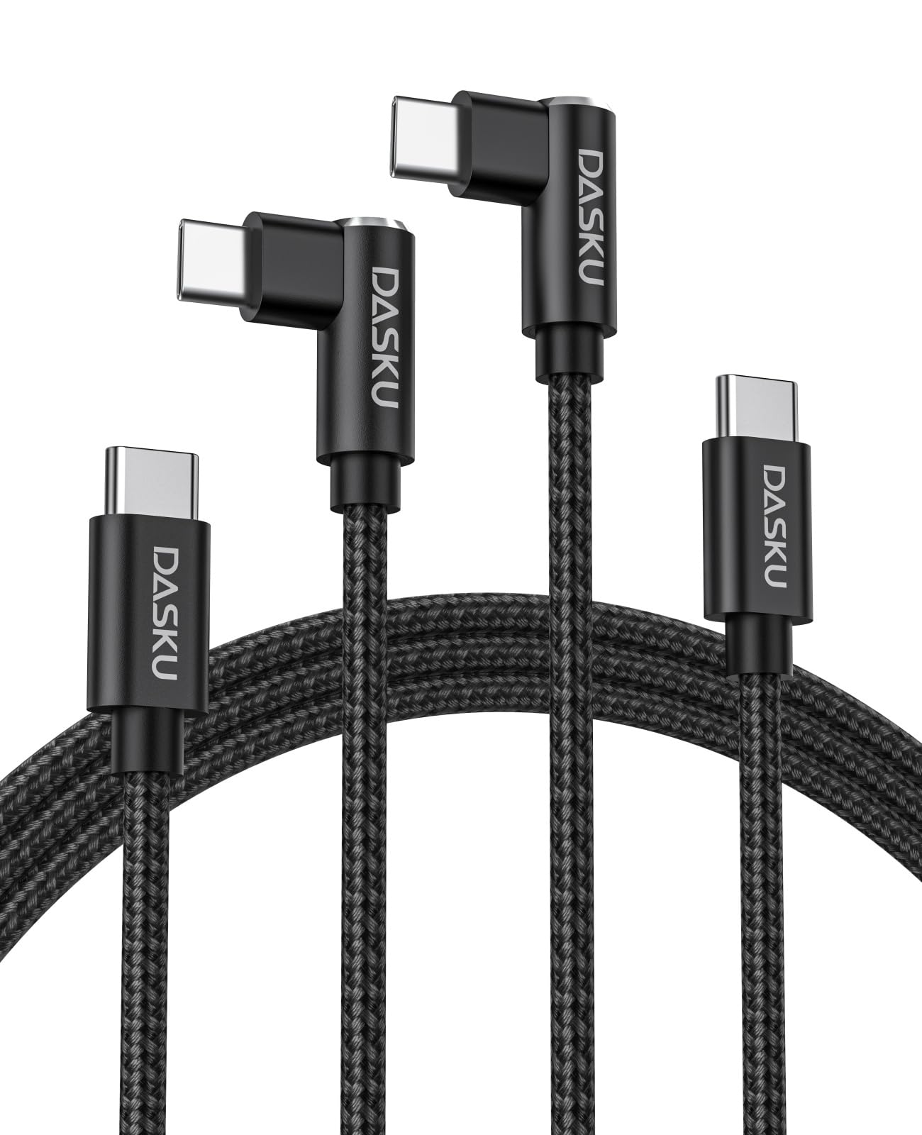 Dasku USB C to C Cable 6.6ft 2 Pack 60W Right Angle Nylon Braided Black