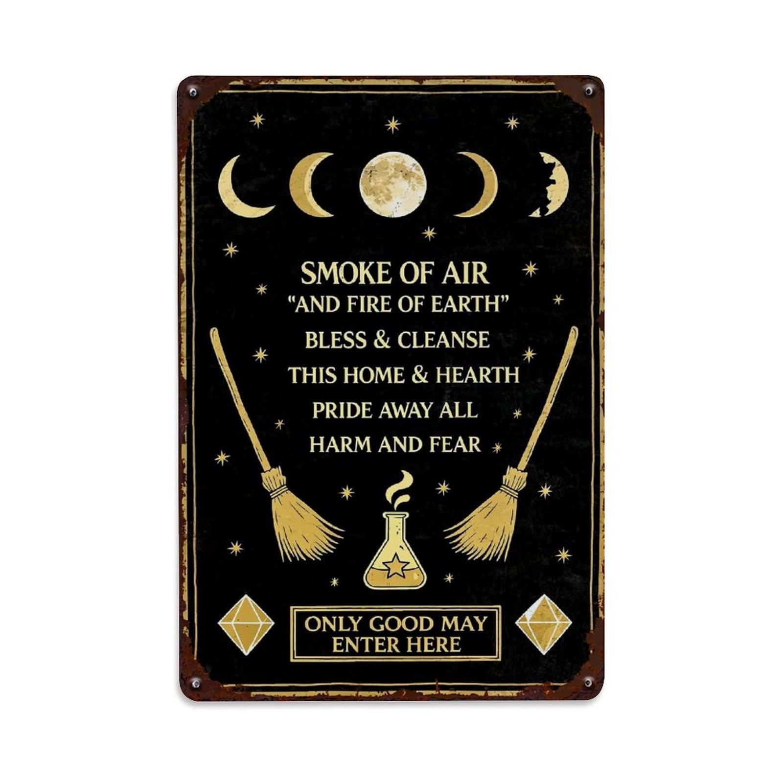 Jdfenggu Vintage Moon Phases Broom Cauldron Stars Retro Metal Tin Sign, Decor Art Poster For Bar, Home, Man Cave, Kitchen, Laundry Room Gift 8X12inch