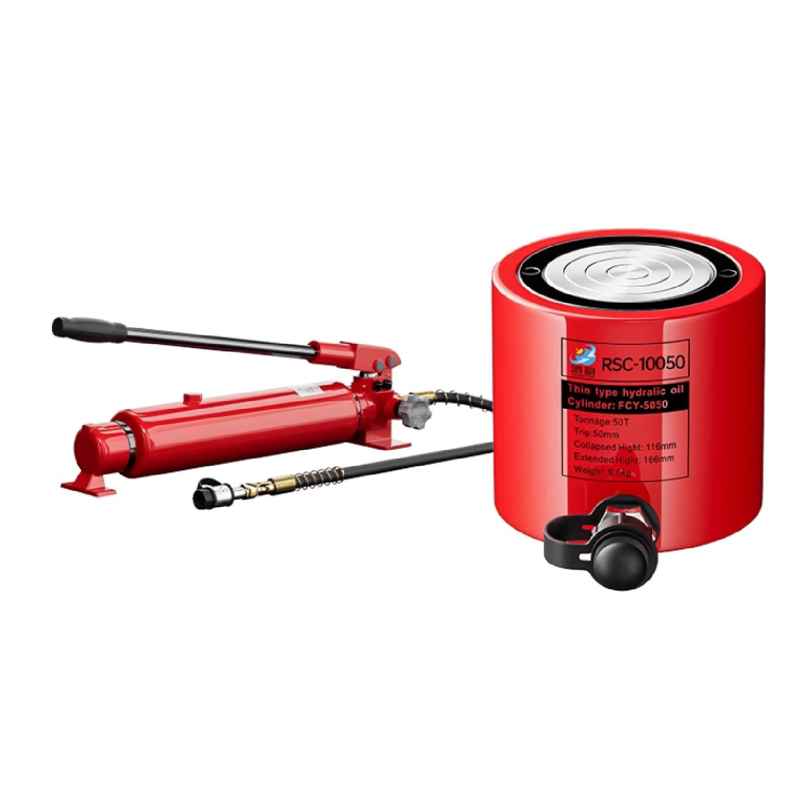 Kit cric idraulico, capacità 50T, corsa 2", pompa manuale, ritrazione automatica per sollevamento e riparazione