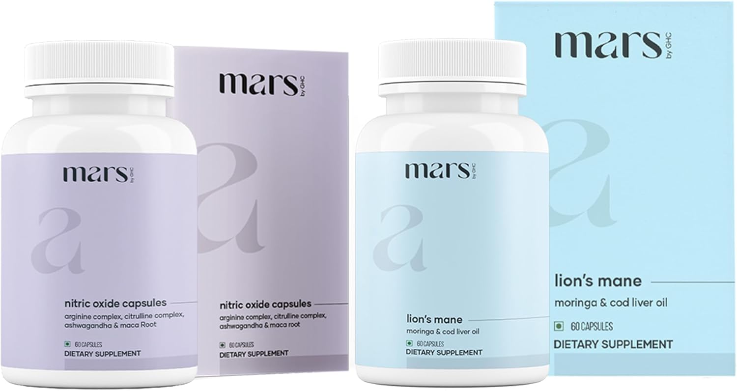 mars by GHC Nitric Oxide Capsules (Arginine, Citrulline, Ashwagandha & Maca Root) + Lion’s Mane Capsules (Moringa & Cod Liver Oil) | 120 Capsules | Bundle Pack