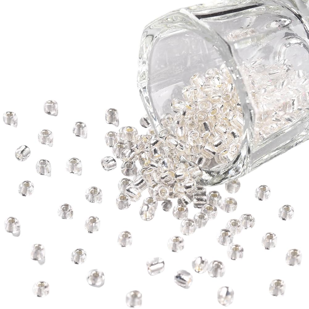 PONABEADIY 1 Box 3MM 3000PCS White Glass Seed Beads with Hole Silver Lined Transparent Mini Pony Round Clear Loose Spacer Bead Bulk for Jewellery Making Necklace Bracelets Earrings Diy Crafts Supply