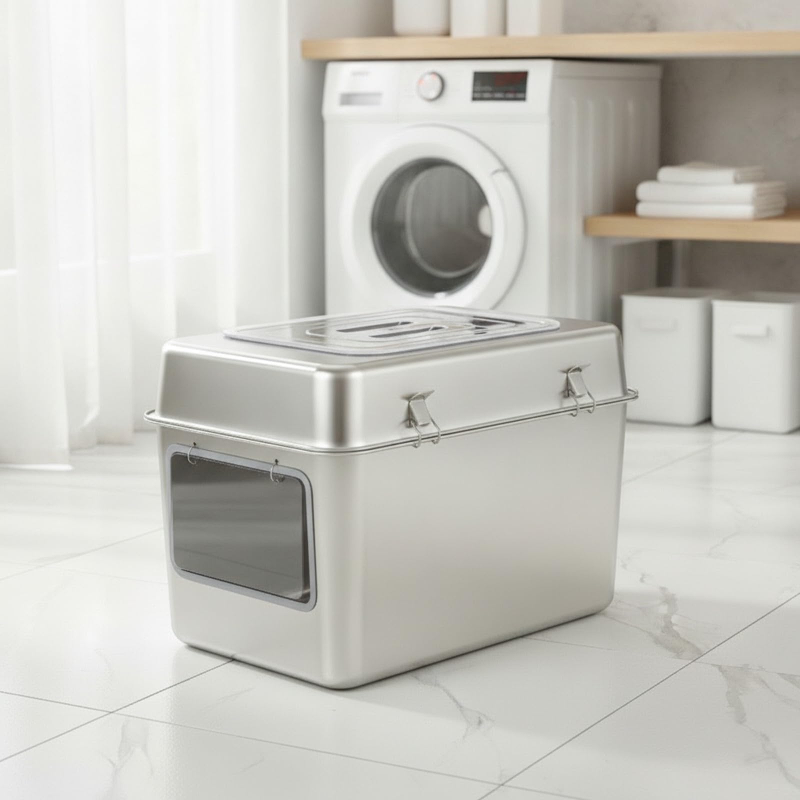 KESOTO Lettiera in Acciaio Inox | Adesivi Antiscivolo Inclusi, Lettiera in Acciaio Inox con Coperchio, per Casa, Appartamento, Apertura Laterale
