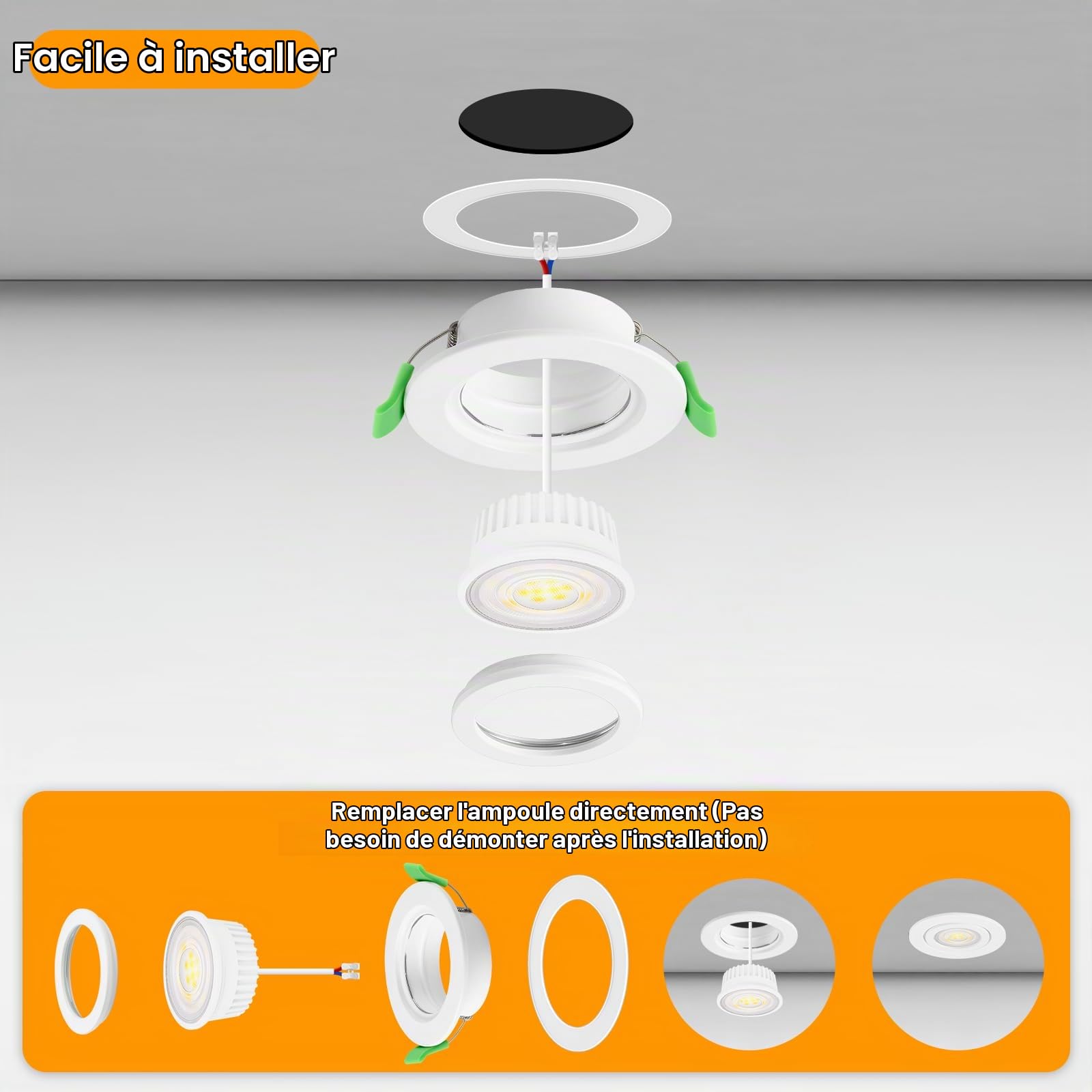 YindaLux Spot led encastrable GU10 cadre IP65 incl.5W Module LED 4000K, Spot encastrable 230V Blanc mat Spots de plafond Rond plat Spot 68mm Trou pour extérieur-intérie, Lot de 6, Non dimmable