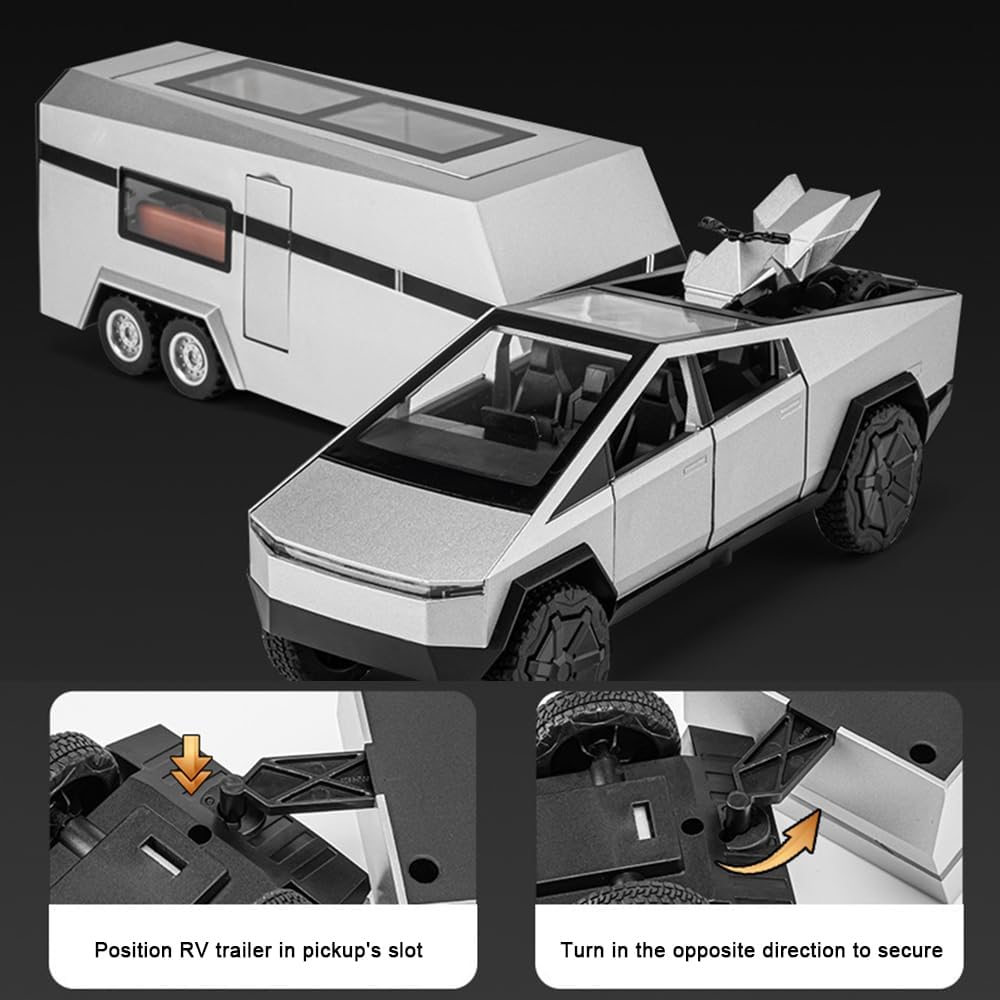 1/24 Toy Trucks and Trailer for Boys Adults, Diecast Metal Pickup Trailer RV Model Kit, Pickup Truck Model Toy with Motorcycle, Truck and Trailer Toys for Birthday Gift 3