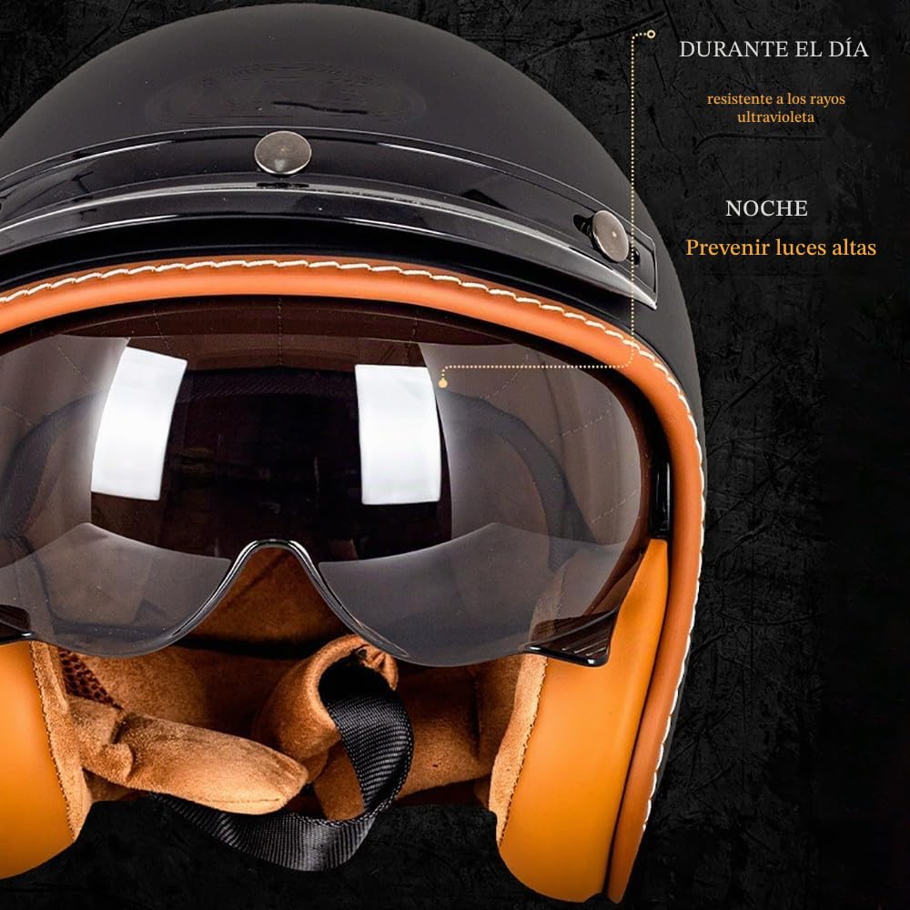 Vintage Casco Moto Abierto, Cascos Jet Retro con Gafas, Casco Scooter Retro Homologado ECE, Cascos Jet para Hombre y Mujer Casco de Motocicleta, 3/4 Casco