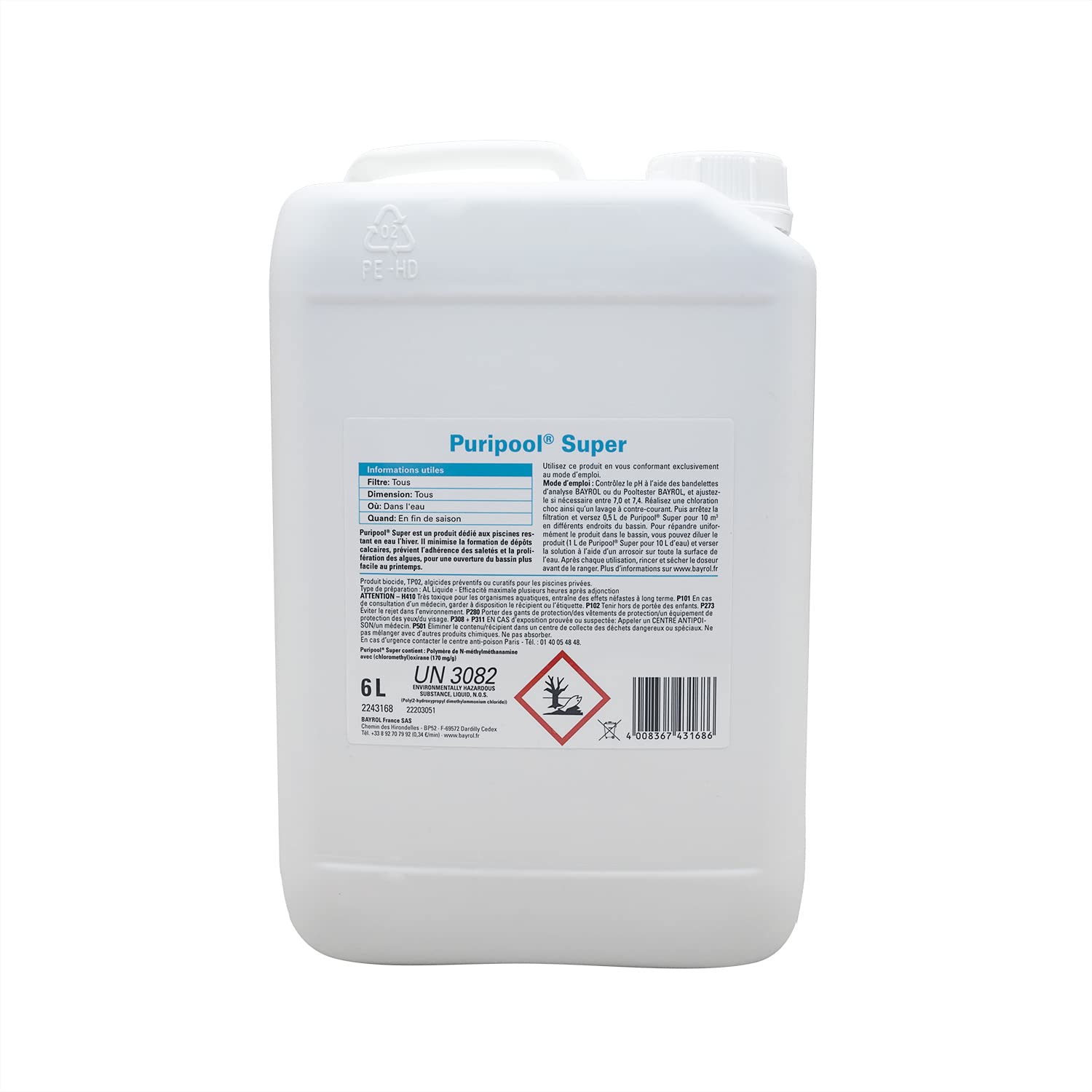 BAYROL PURIPOOL Super Liquide - 6L | Hivernage - Ultra Concentré - Non moussant + 10 Tests HPS OFFERTS 6 en 1
