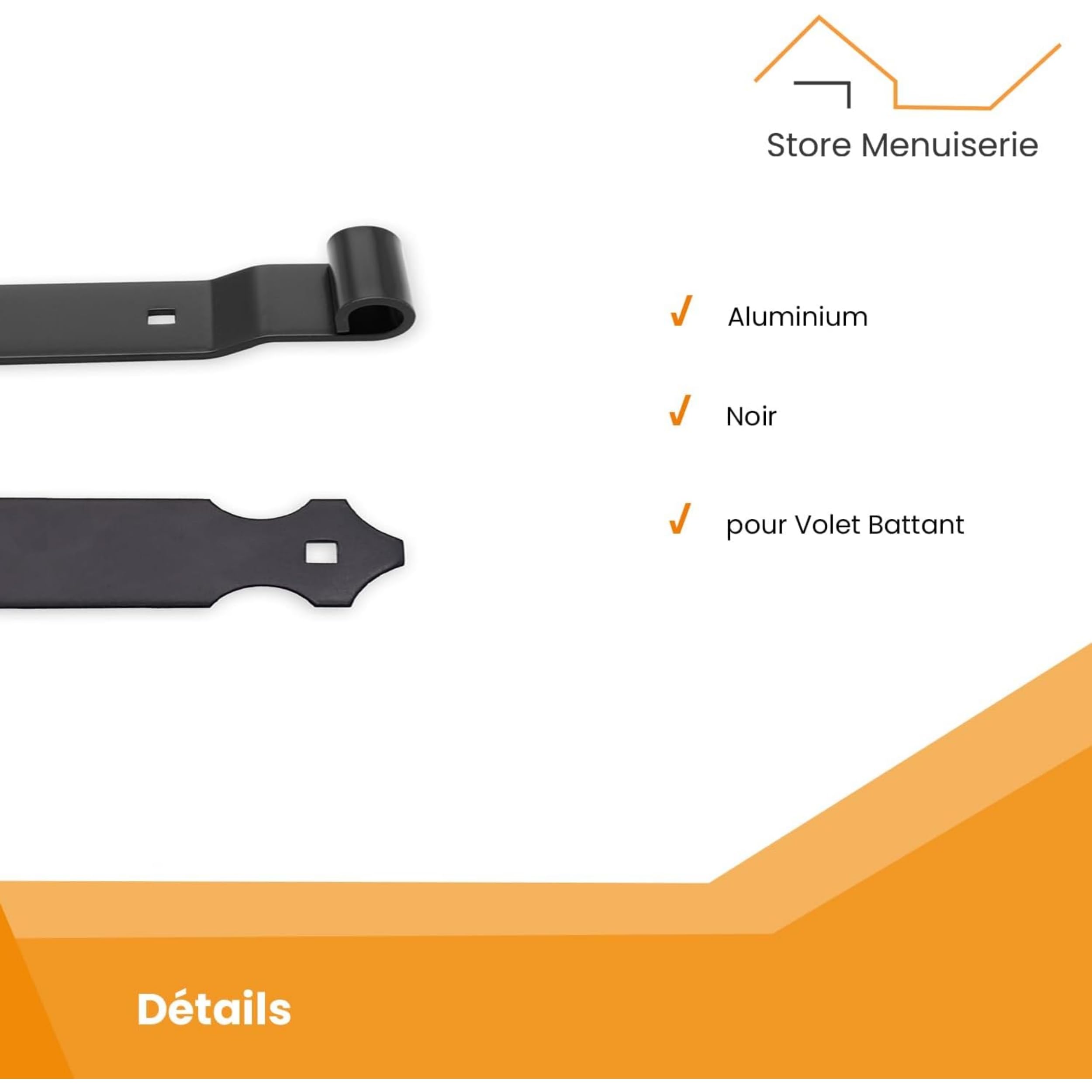 4 Penture Percée - Aluminium - Noir - Longueur 544 mm - Diamètre 14 mm - pour Volet battant - Charnière pour Volet Battant - Fabrication Française