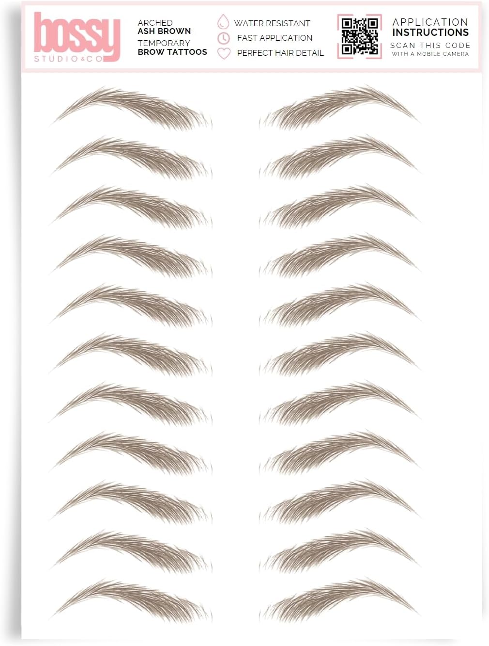 Brows by Bossy Studio & Co Temporary Eyebrow Tattoos Waterproof Eyebrow Stickers, False Tattoos Hair Like Peel Off Instant Transfer Brow arched ash brown