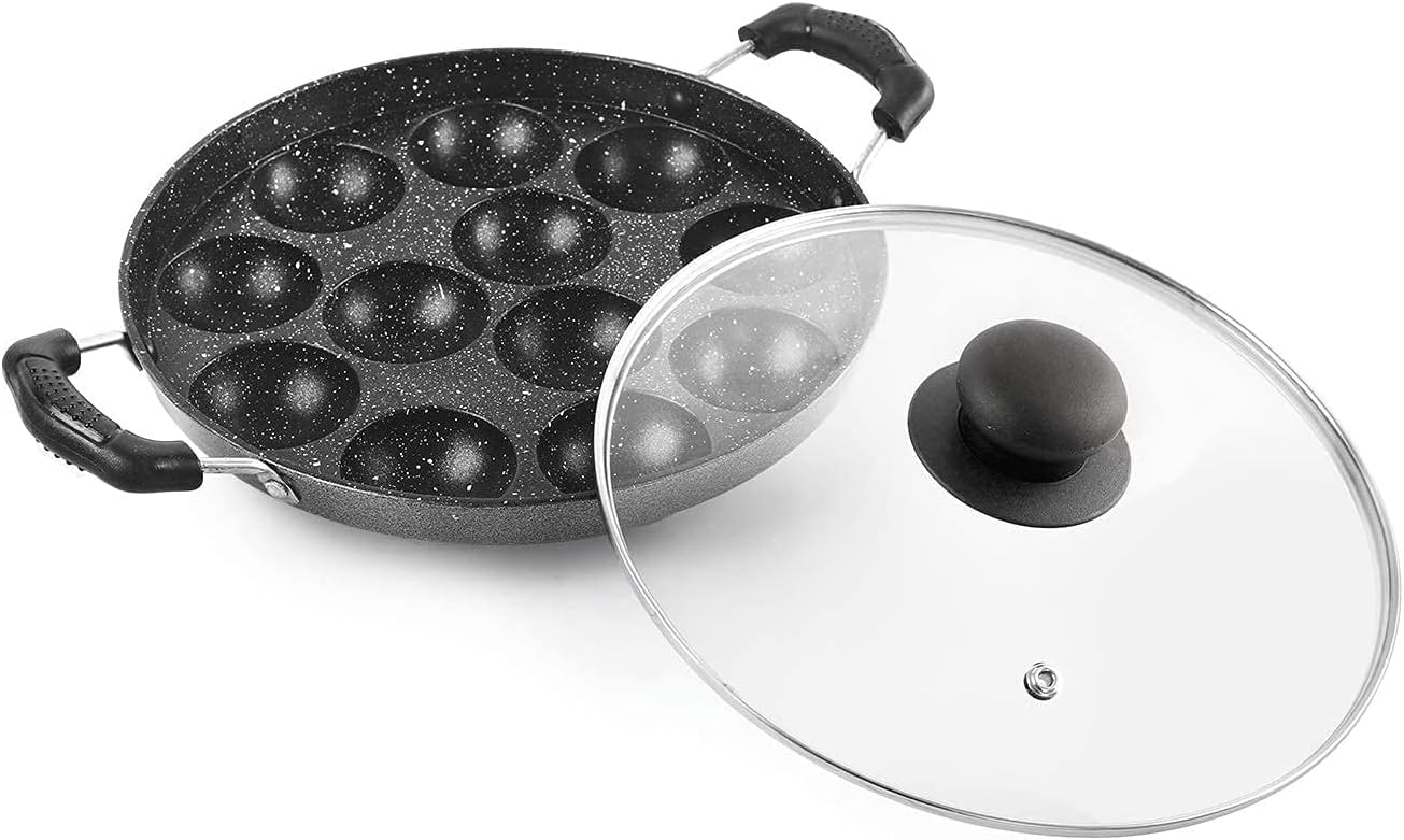 Seven Chakra Tree Non-Stick Appam Aluminium 12 Cavity Appam Patra Paniyarakkal Two Side Handle With Glass Lid, 1 Scrubber, And 1 Picker
