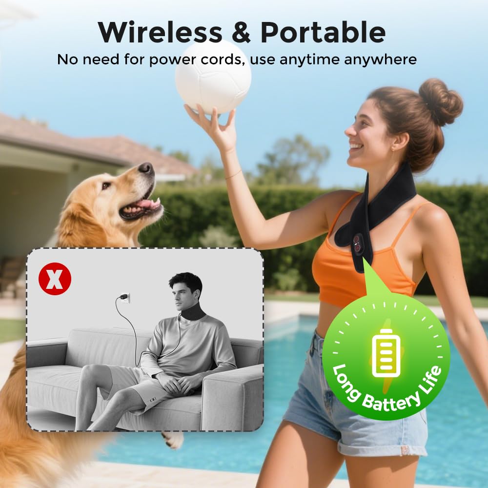 Masajeador de cuello con calor – Cojín térmico para cuello con batería de 3000 mAh, almohadilla térmica calentador de cuello eléctrico con 3 niveles de calor y 3 vibraciones y luz roja, sin cable