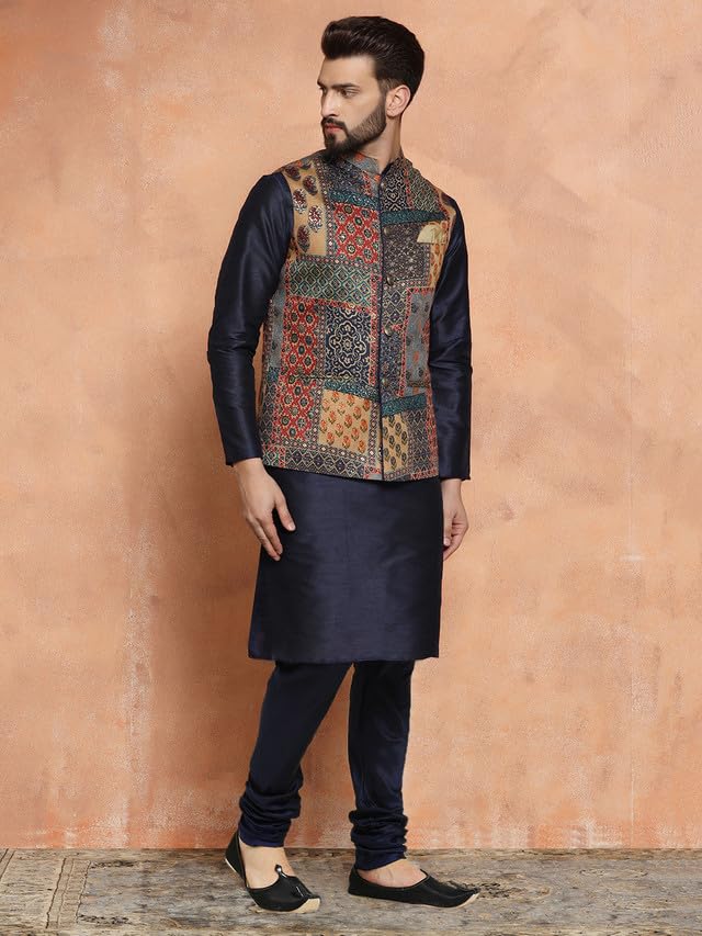 Image of KISAH Men's Ethnic Wear Regular Fit Cotton Blend Printed Kurta Churidar and Jacket Set