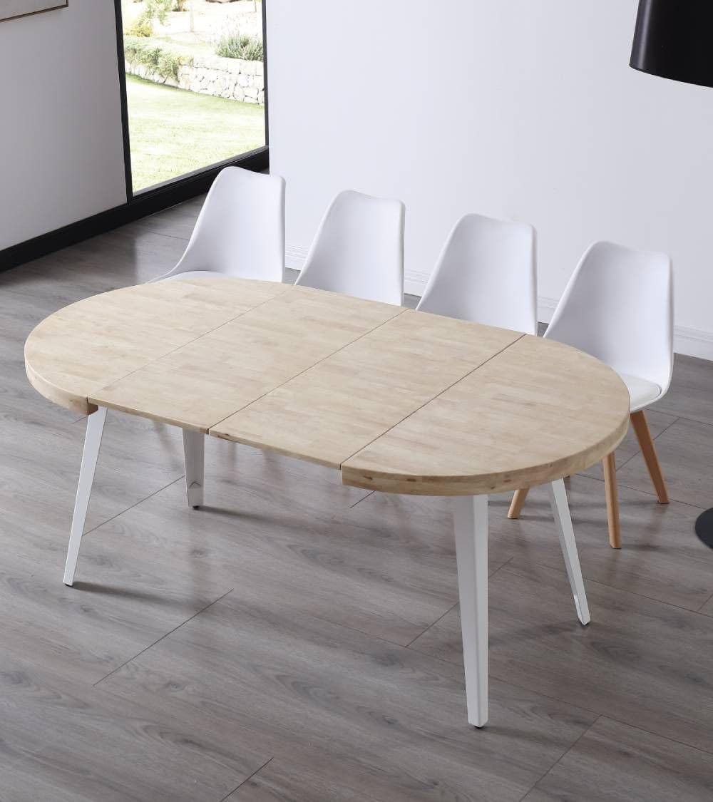 Home Heavenly® - Mesa Comedor Redonda Extensible Estilo Industrial SKADI. Mesa de 100 cm diámetro. 2 tramos extensión a 140 hasta 180 cm. (Roble Nordish - Blanco)