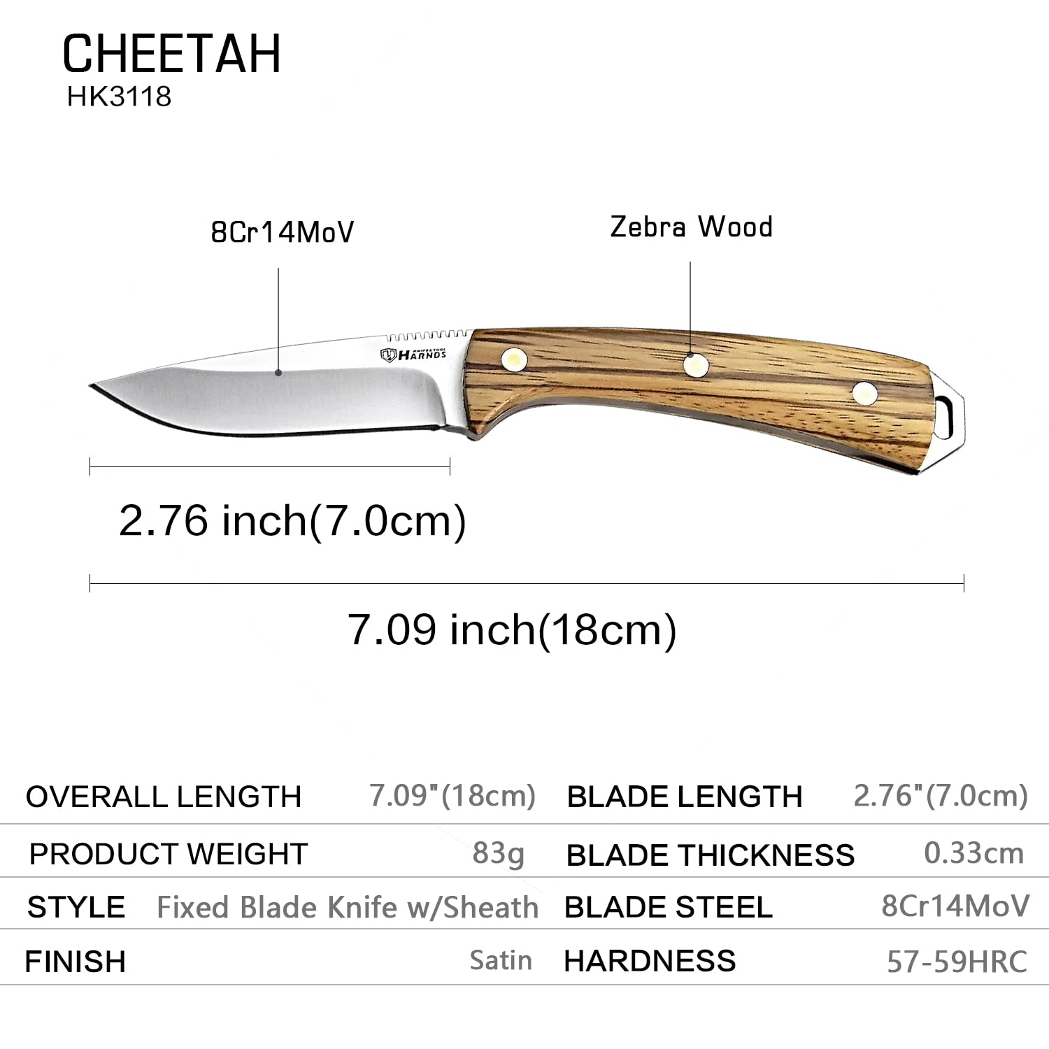 HARNDS Cheetah Coltello a Lama Fissa in Acciaio 8Cr14MoV, Manico in Legno di Zebra con Fodero in Pelle
