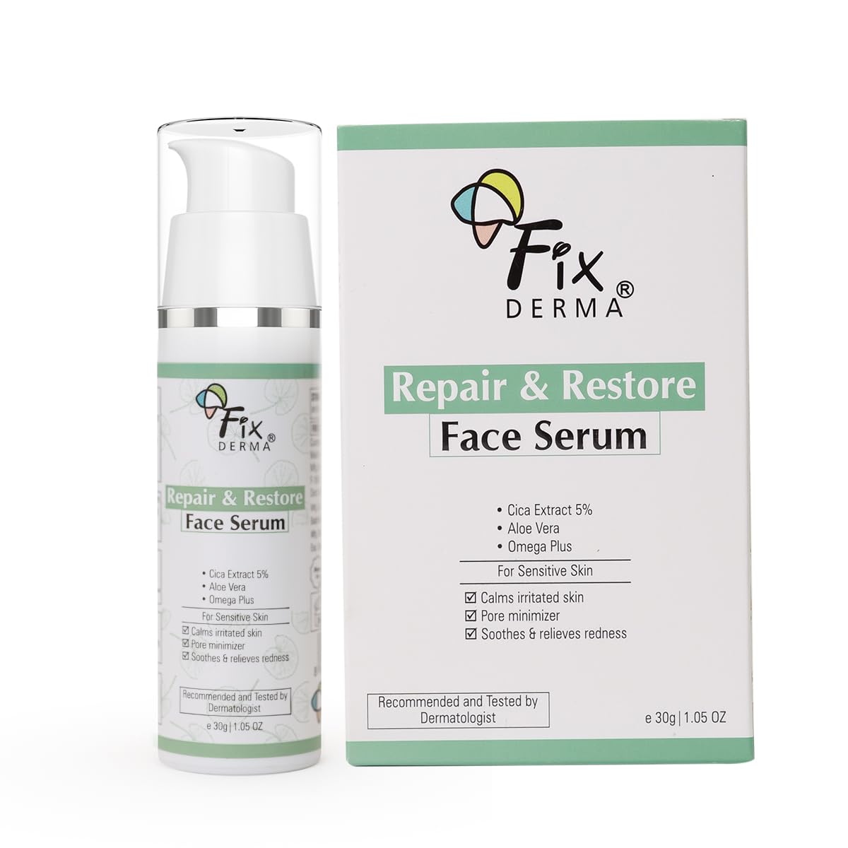 Fixderma 5% Cica Extract Repair & Restore Face Serum for Sensitive Skin | Aloevera Face Serum | Cica Glow Face Serum with Omega Plus | Face Serum for Men & Women - 30gm