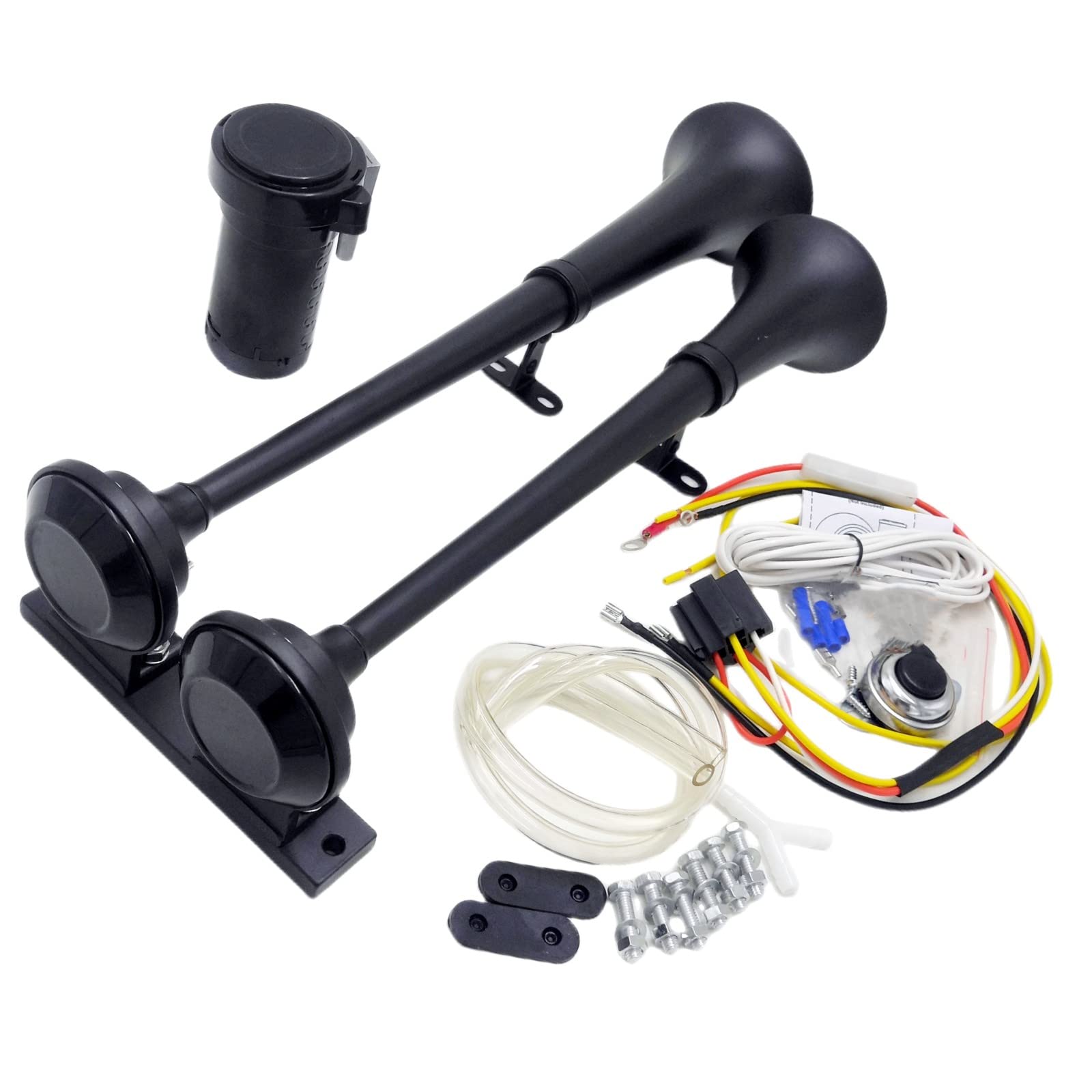 Car Horn Clacson per auto Corno d'aria Corno auto 24V Doppio tubo Corno Zinco Cromo Corno elettrico nero 170db Impermeabile Corno alto e basso tono con pompa ad aria Per 24V camion nave ecc