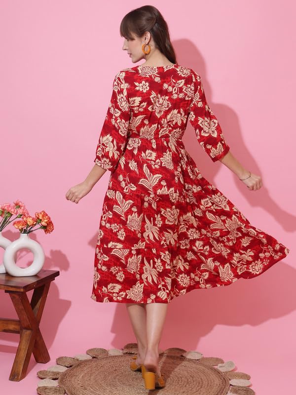 Image of Sheetal Associates Women's Casual 3 /4 Sleeve Crepe Fit and Flare Dress| Comfortable Relaxed Fit Summer Party Dress