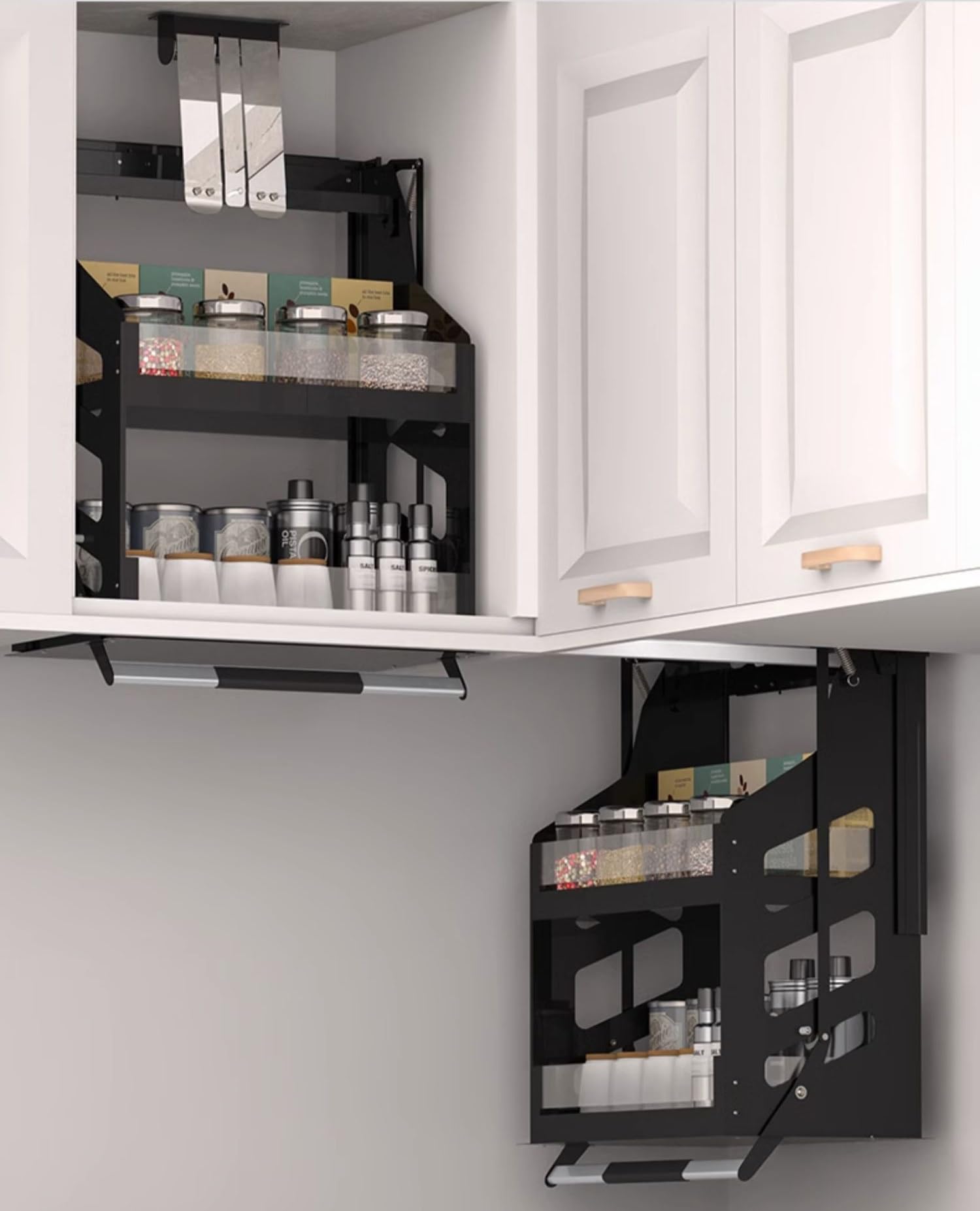 Étagère à Vaisselle et à épices à Levage Vertical avec Panier Amovible, étagère Haute Rabattable, Organisateur Aveugle pour Cuisine, étagère Rabattable à 2 Niveaux pour Ours de 22 à 33 LB (n