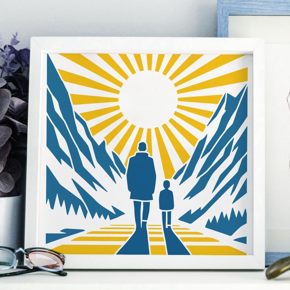 FINGERINSPIRE Lines Mountains Figures Painting Stencil with Paintbrush 11.8x11.8inch Reusable Nature Mountain Stencils Figures the Sun Pattern Stencil Reusable Drawing Template for Crafts DIY Projects