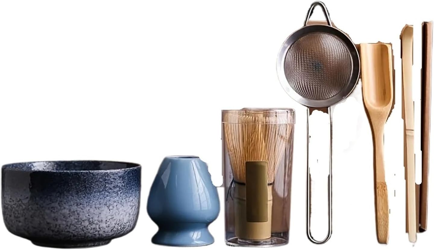 6PCS/Set Matcha Bowl, Spoon, Tea Whisk, Sieve Mesh,Traditional Decoration(Kiln Turning Blue)