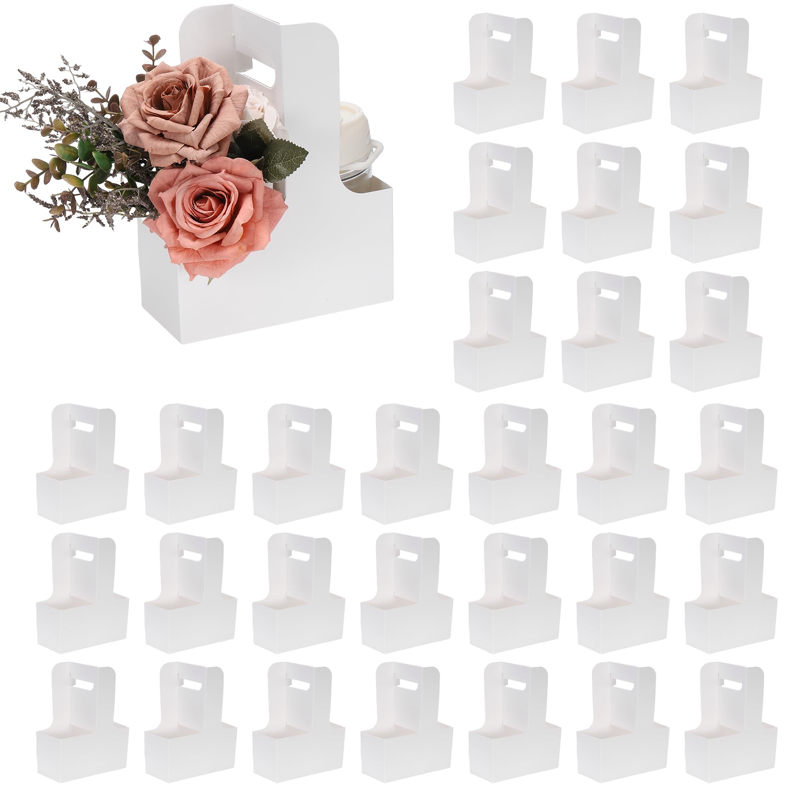 sourcing map 2 Cup Drink Carrier with Handle, 60 Pcs Kraft Paper Flower Gift Bags, Floral Wrap Packing Box, Cardboard Cup Holder Portable for Coffee Tea Bouquet Birthday Party, White