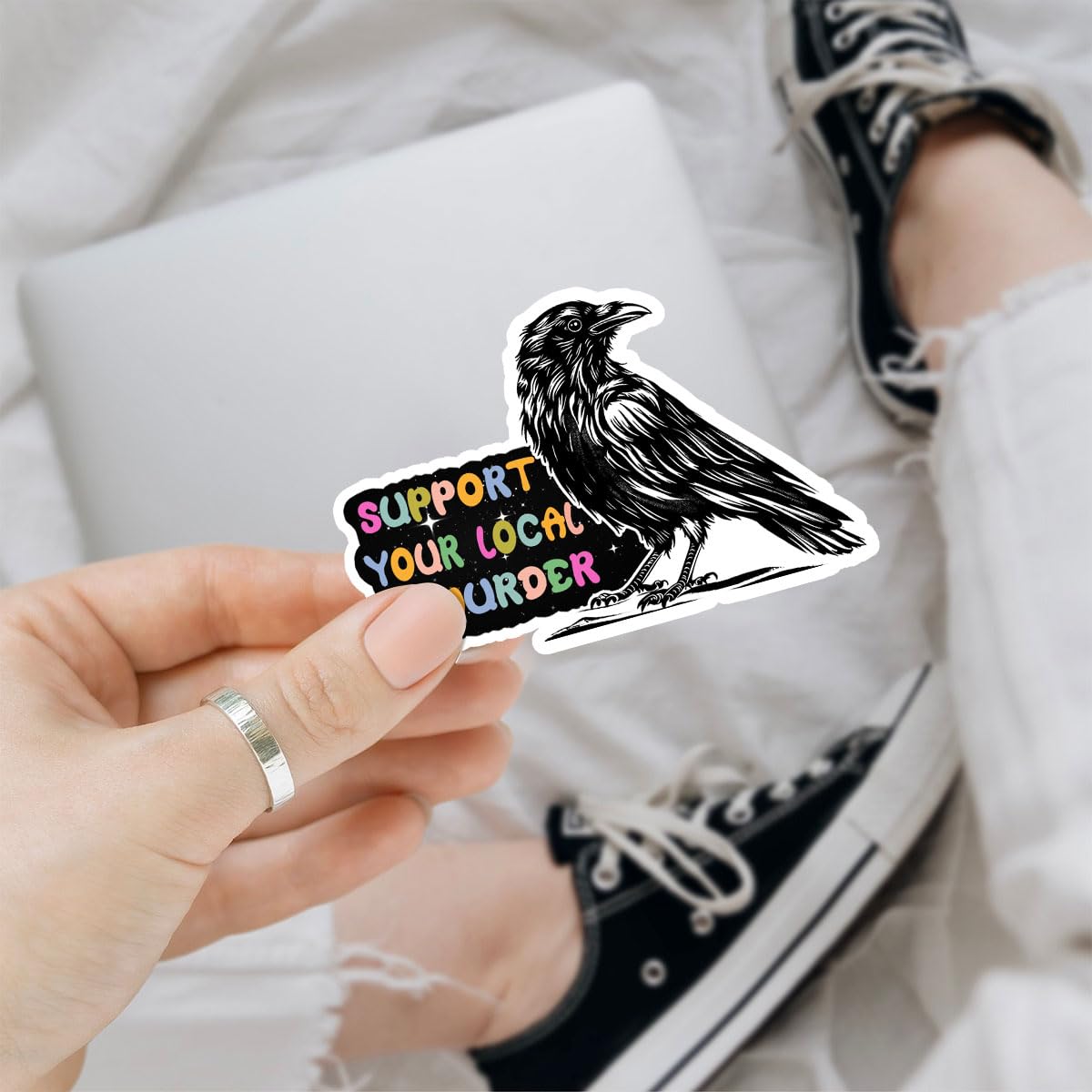 3 szt. 'Support Your Local Murder Crow', naklejki i kalkomanie na Halloween Raven, Murder of Crows, winylowa naklejka 7 cm na butelki z wodą, laptopa, telefon, samochód, kask narciarski