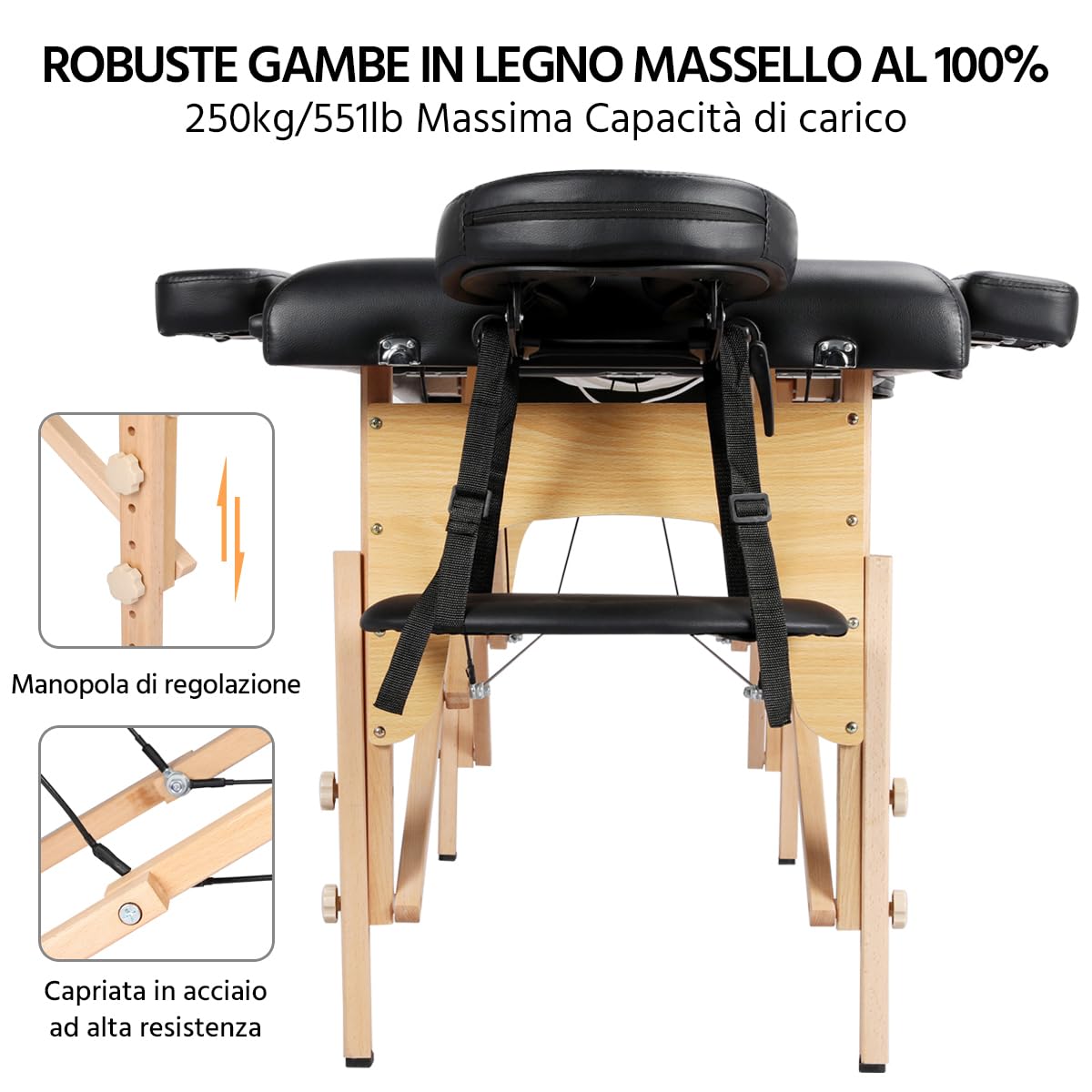 Lettino per Massaggio Professionale Portatile Pieghevole a 2 Zone Altezza Regolabile con Poggiatesta Nero