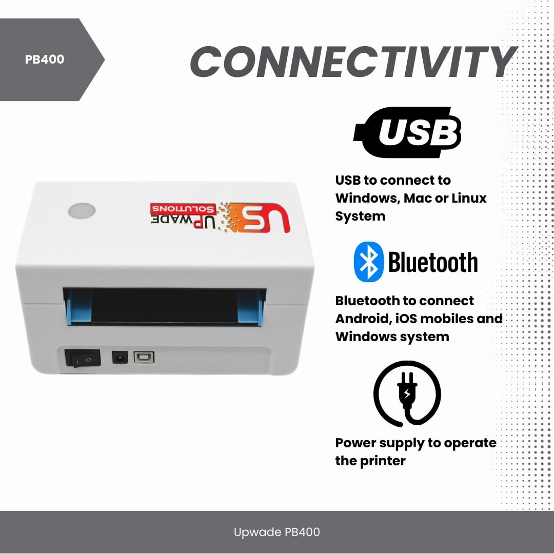 Upwade Bluetooth Direct 4×6" Shipping Label Printer |Adjustable Label Size| 203DPI Resolution 150Mm/S Monochrome Printing Speed Compatible With Mobile And PC (1 Year Warranty) (Only Printer) 1