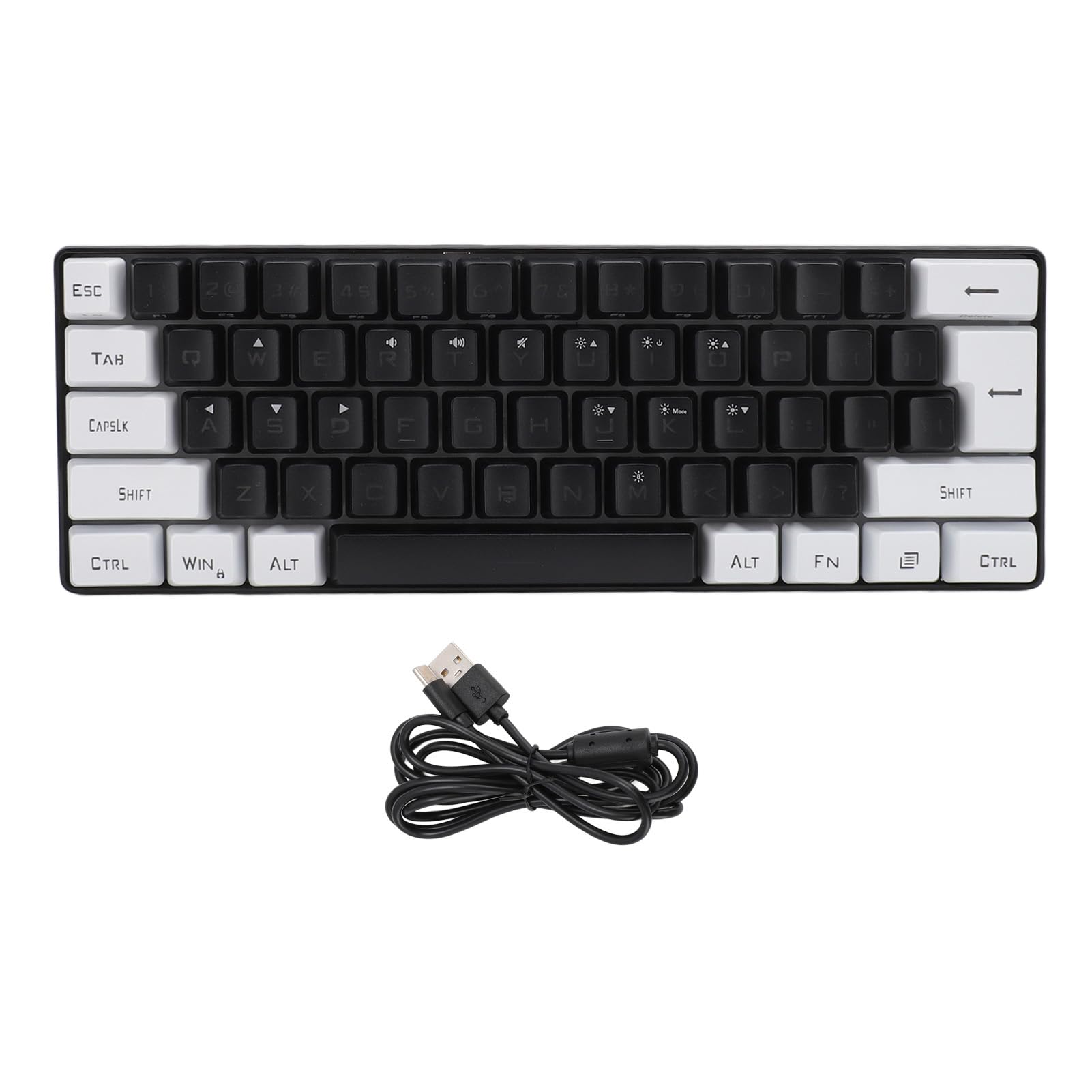 Mechaniczna klawiatura do gier, 61 klawiszy, 60% kompaktowa klawiatura do gier z 7-kolorowym podświetleniem RGB, przewodowa klawiatura USB do laptopa stacjonarnego i podróżna (czarno-biała)