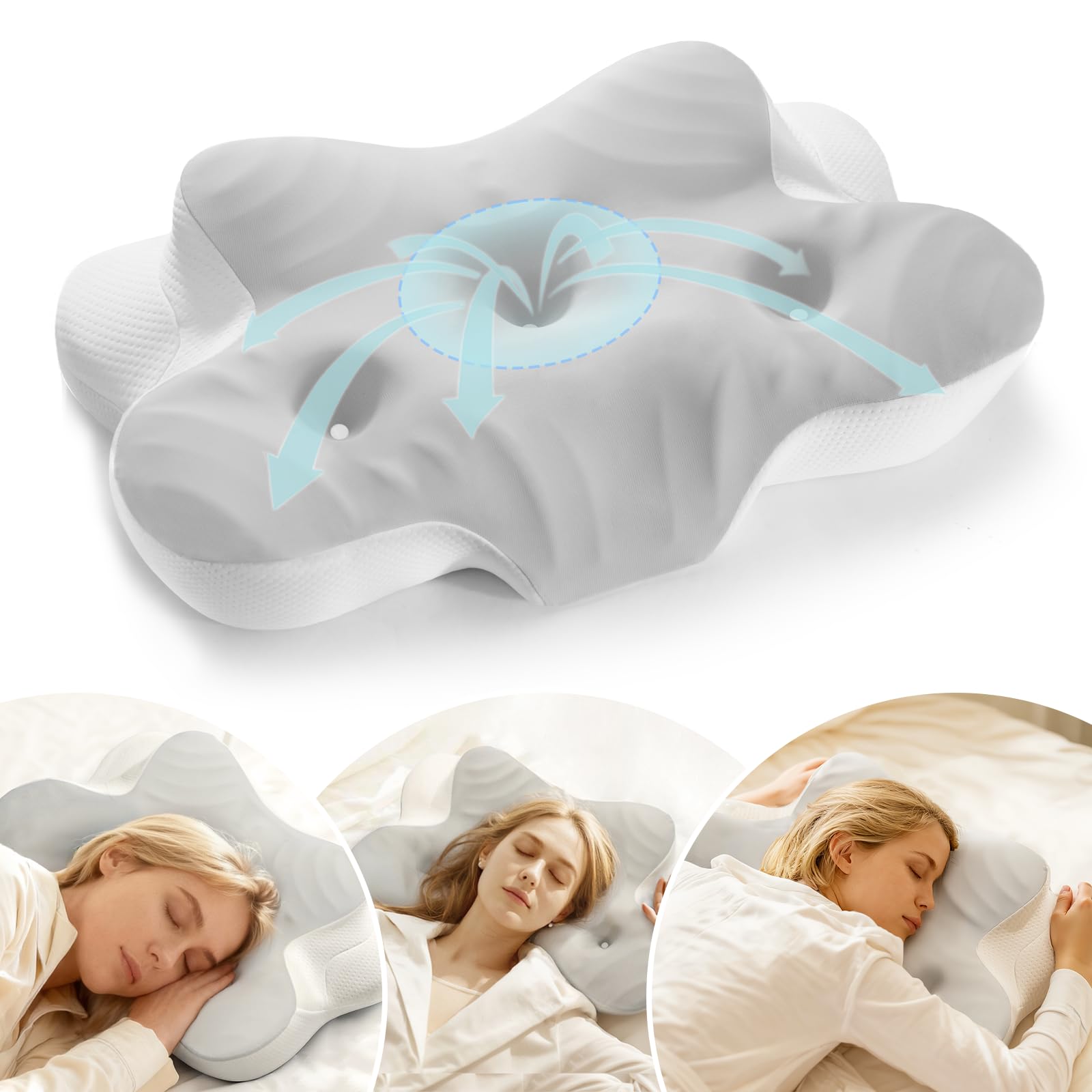 Cervical Pillow for Neck and Shoulder Ergonomic Memory Foam Pillows for Sleeping Dual Ear Relief Zone Contour Pillow