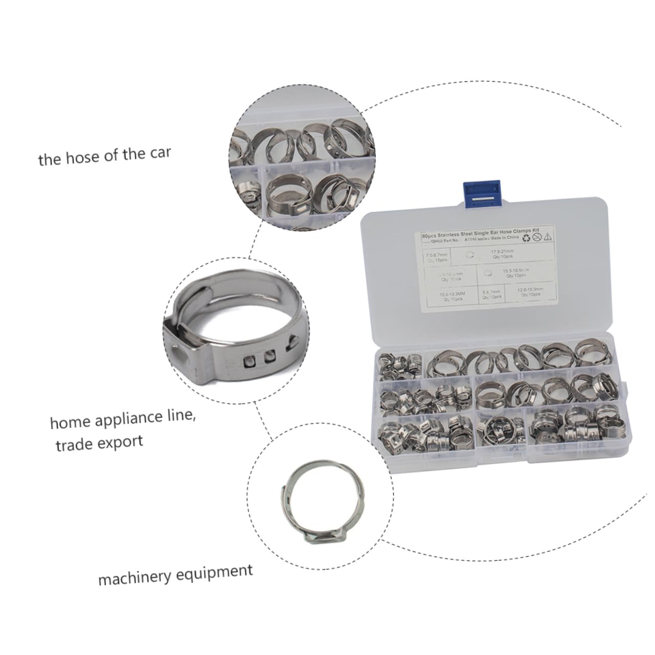 130 Stück Edelstahl Schlauchschelle, Einohrig, 7 Größen, Silber