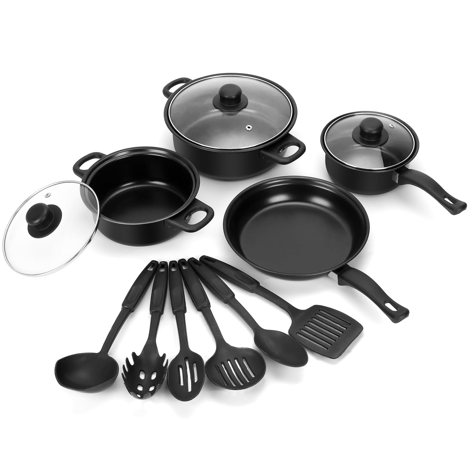 Photo 1 of Non-Stick Cookware Set, 13 Piece Set Portable Lightweight Cast Iron Pots and Pans with Glass Lids and Nylon Utensils for Outdoor Camping Picnic Travel Cookware Black