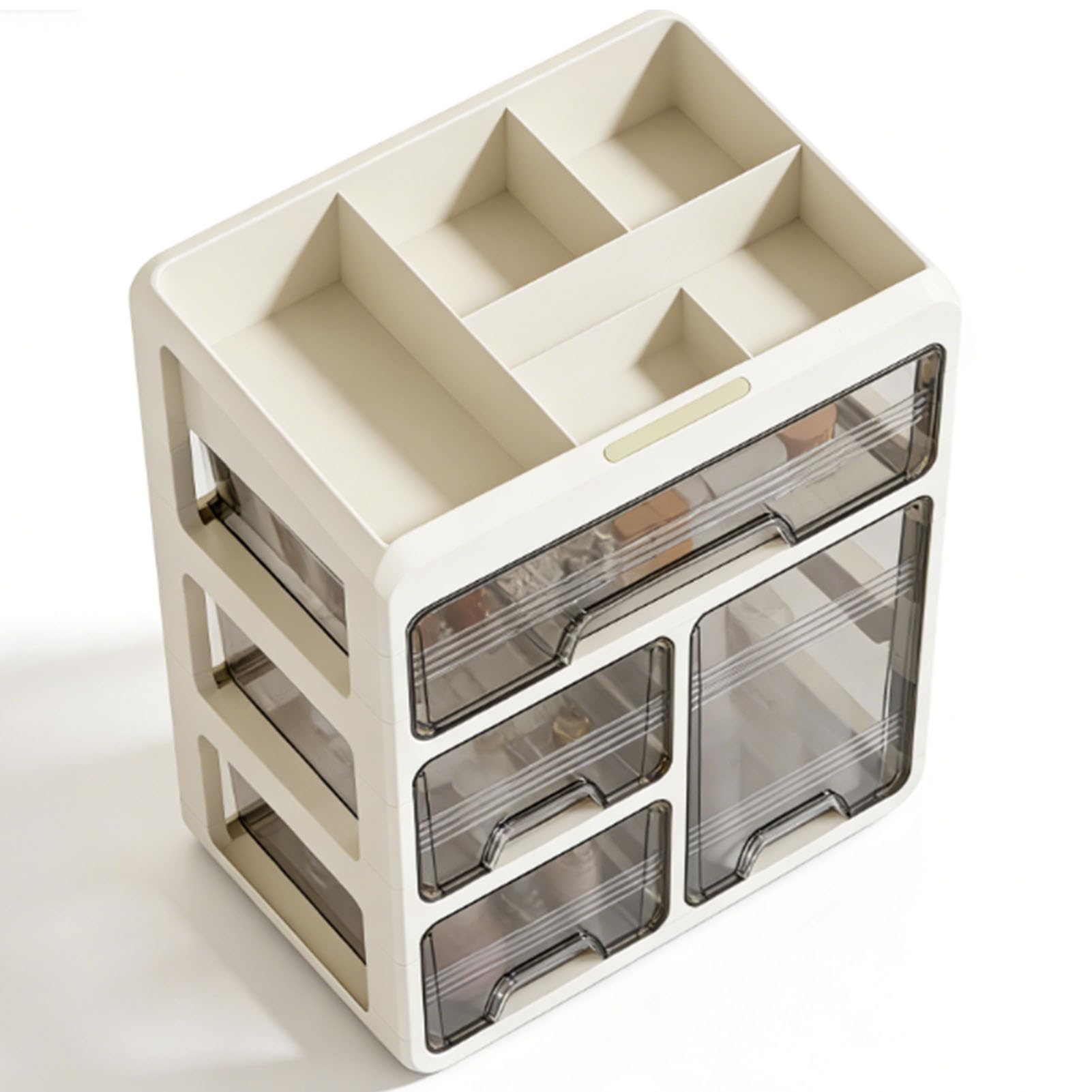 Organizer na Przybory do Makijażu Plastikowa Gablota na Kosmetyki z 4 Szufladami 4-poziomowe Przegródki 34 X 36,5 X 23,5 Cm do Toaletki Łazienka Sypialnia Przechowywanie Kosmetyków (kremowa