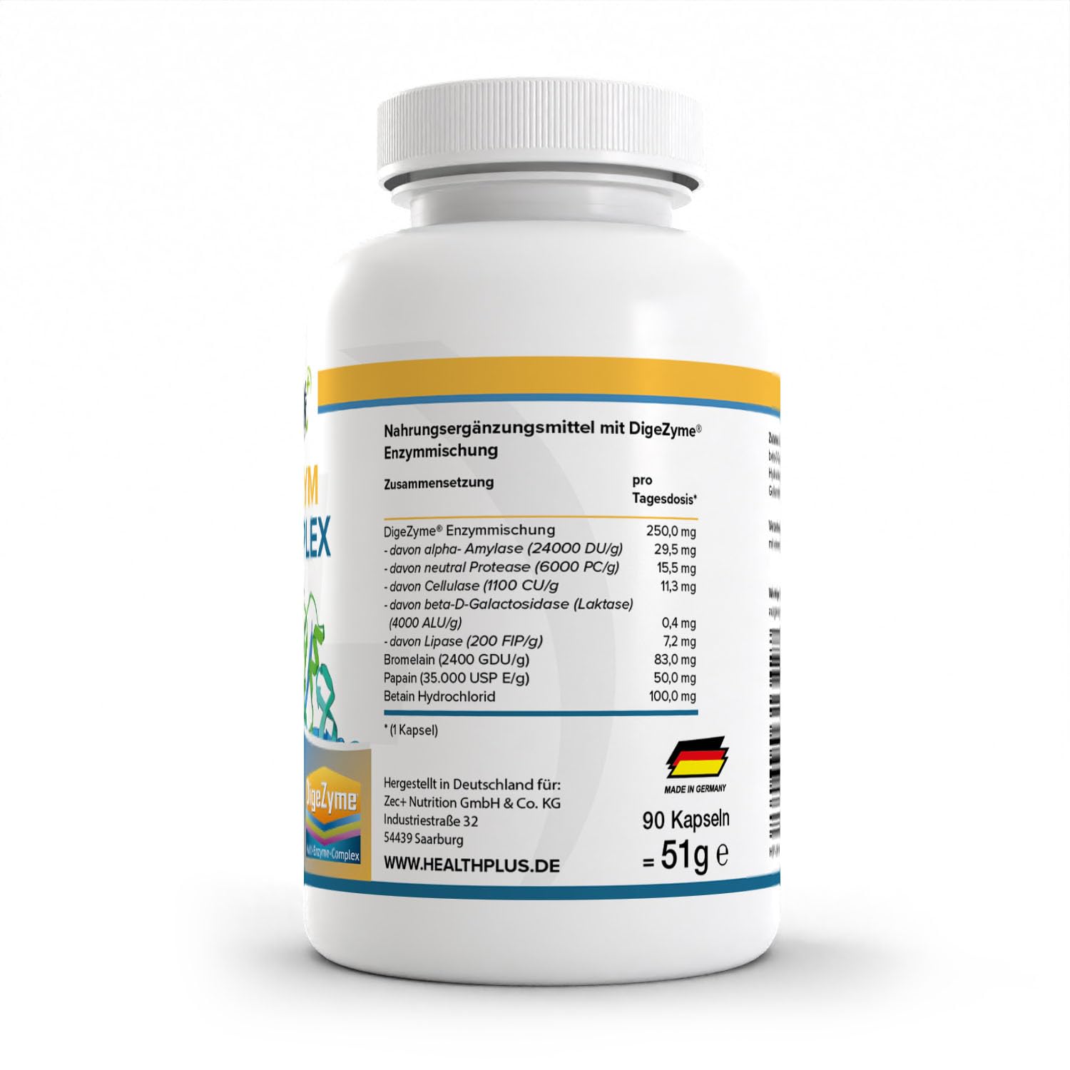 HEALTH+ Enzym Komplex - 90 Kapseln, 8-Fach Enzym-Mix aus essentiellen Enzymen inkl. Bromelain, Papain und Betain HCL