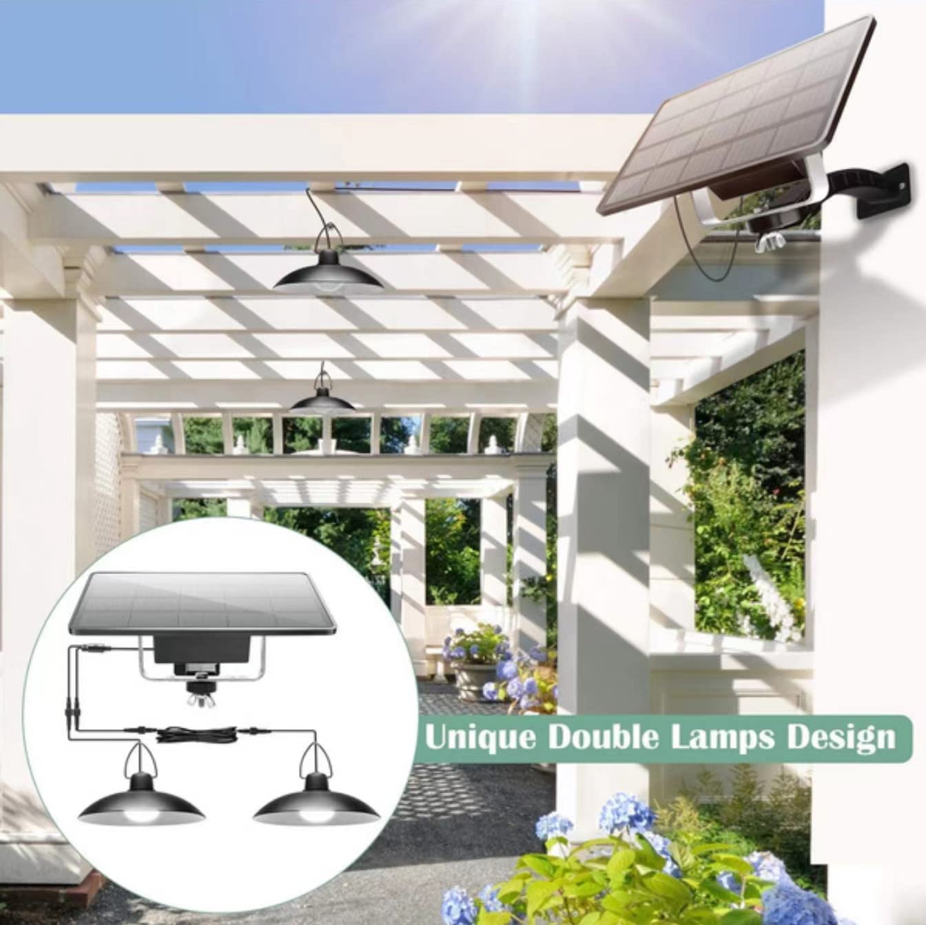 Lampes suspendues solaires étanches double tête intérieur/extérieur avec marche/arrêt automatique crépuscule à l'aube