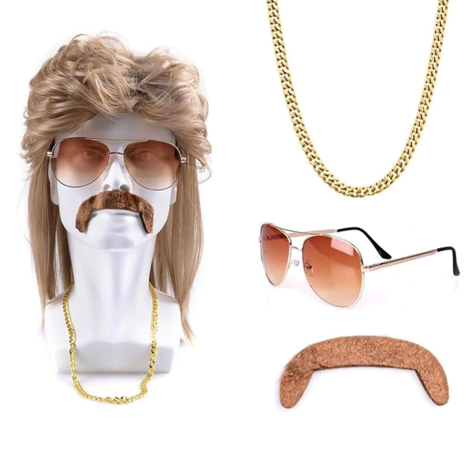 4-Piece Set 80s Wig - Blonde & Brown Wave Mullet Wigs for Men - George Michael Style - Halloween Costume & Party Accessory