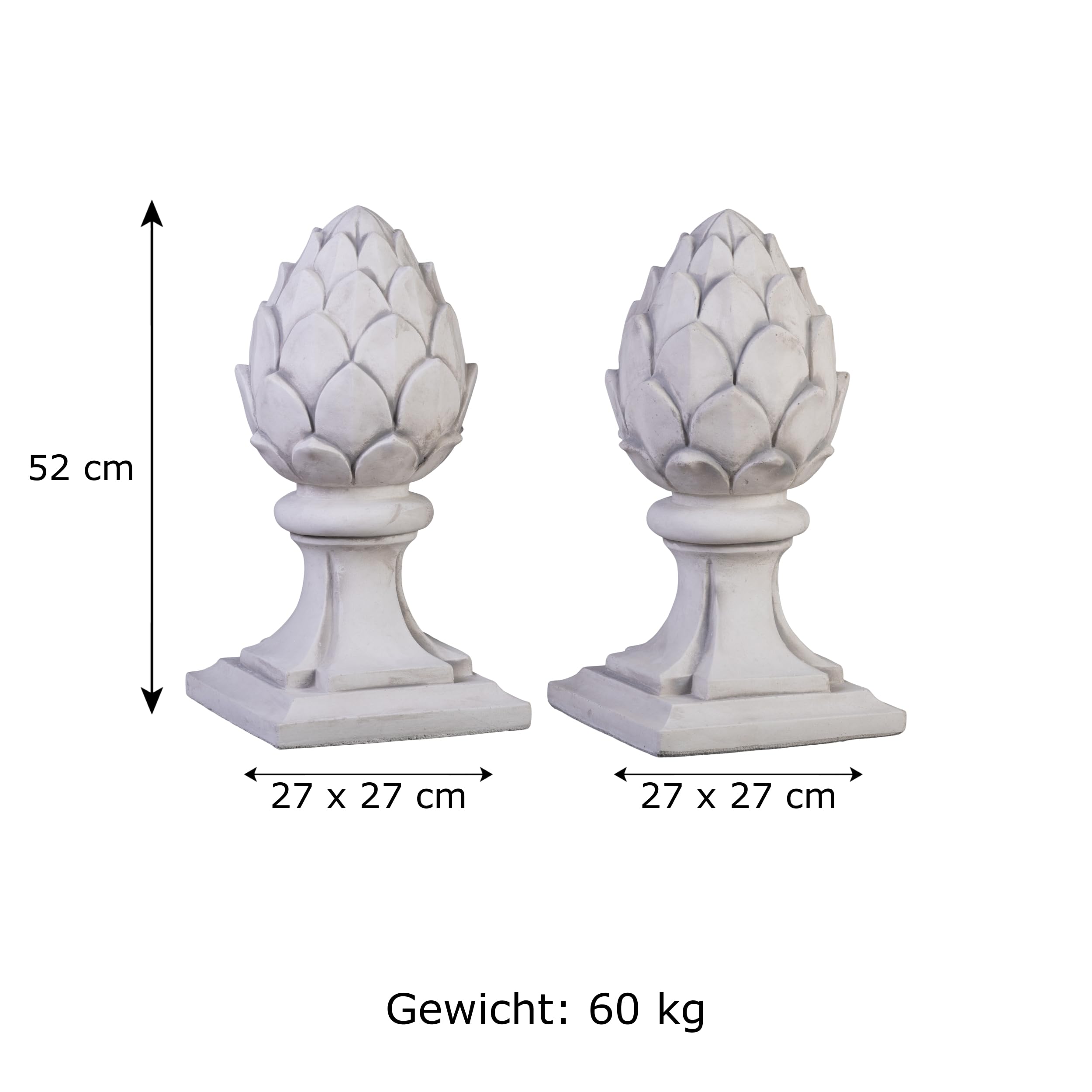 gartendekoparadies.de 2-Set Pinienzapfen Steinfigur Zirbelnuss aus Steinguss, H. 52 cm, je Stück 30 kg, Grau, Frostsicher für Außenbereich