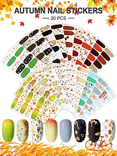EBANKU 20 Blatt Thanksgiving Full Nail Wrap Nagellack Aufkleber, selbstklebend Full Wrap Nail Art Sticker Herbst Herbst Nagel Aufkleber Streifen Maniküre Kits mit Nagelfeile für Frauen Mädchen – Bild 6