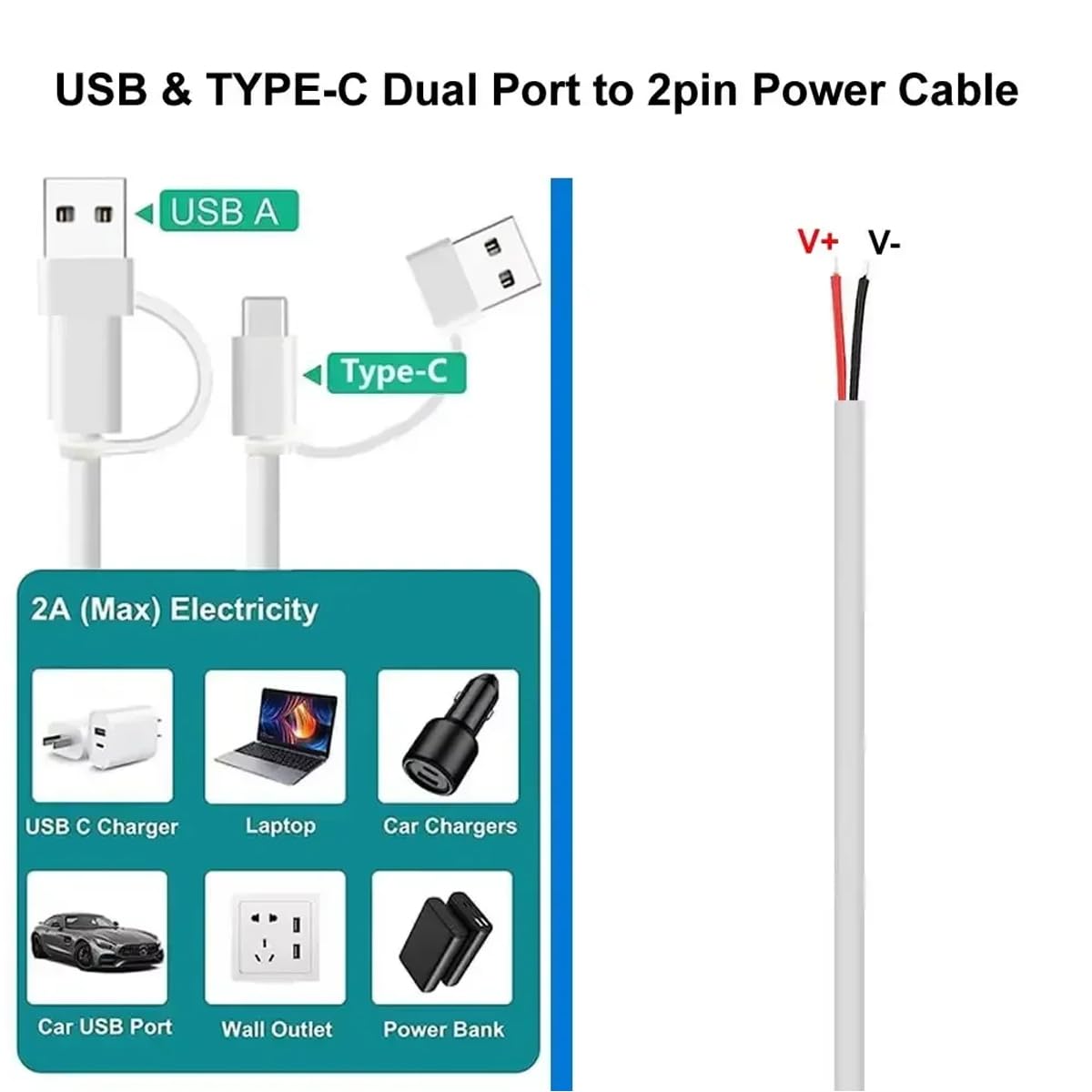 Greluma 3 Pieces 1 Meter USB C And A 2 In 1 2 Pin Open End Cable Bare Wire, 5V 2A USB A Type C Male 2 Pin Tail Power Cord DIY Replacement
