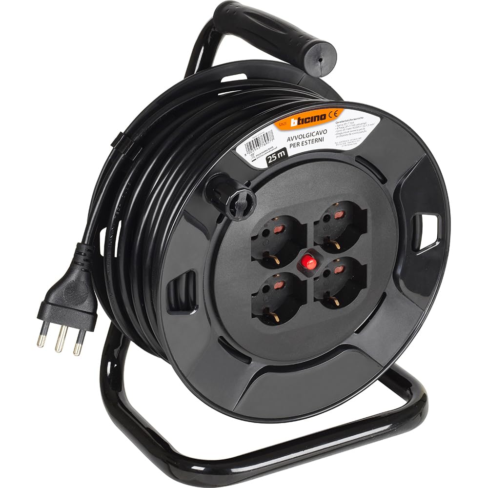 BTICINO Carrete de cable S2625 alargador eléctrico de 25 metros, 4 enchufes Schuko, bipolo, enchufe grande de 16 A, interruptor térmico, mango ergonómico, soporte de cable y carrete de cable, color