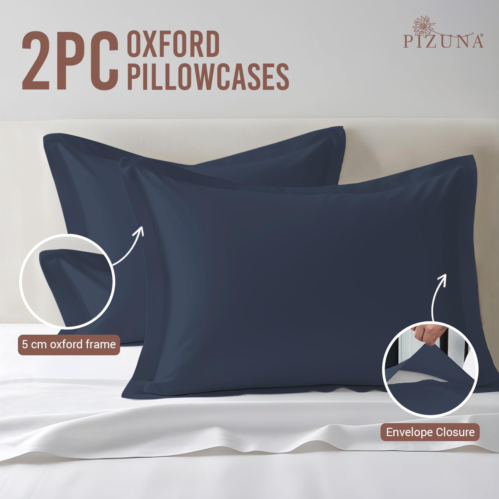 Pizuna 100% Cotton Long Pillow Cases 2 Pack 50x90cm King Size Pillow Covers Dark Blue - Image 3