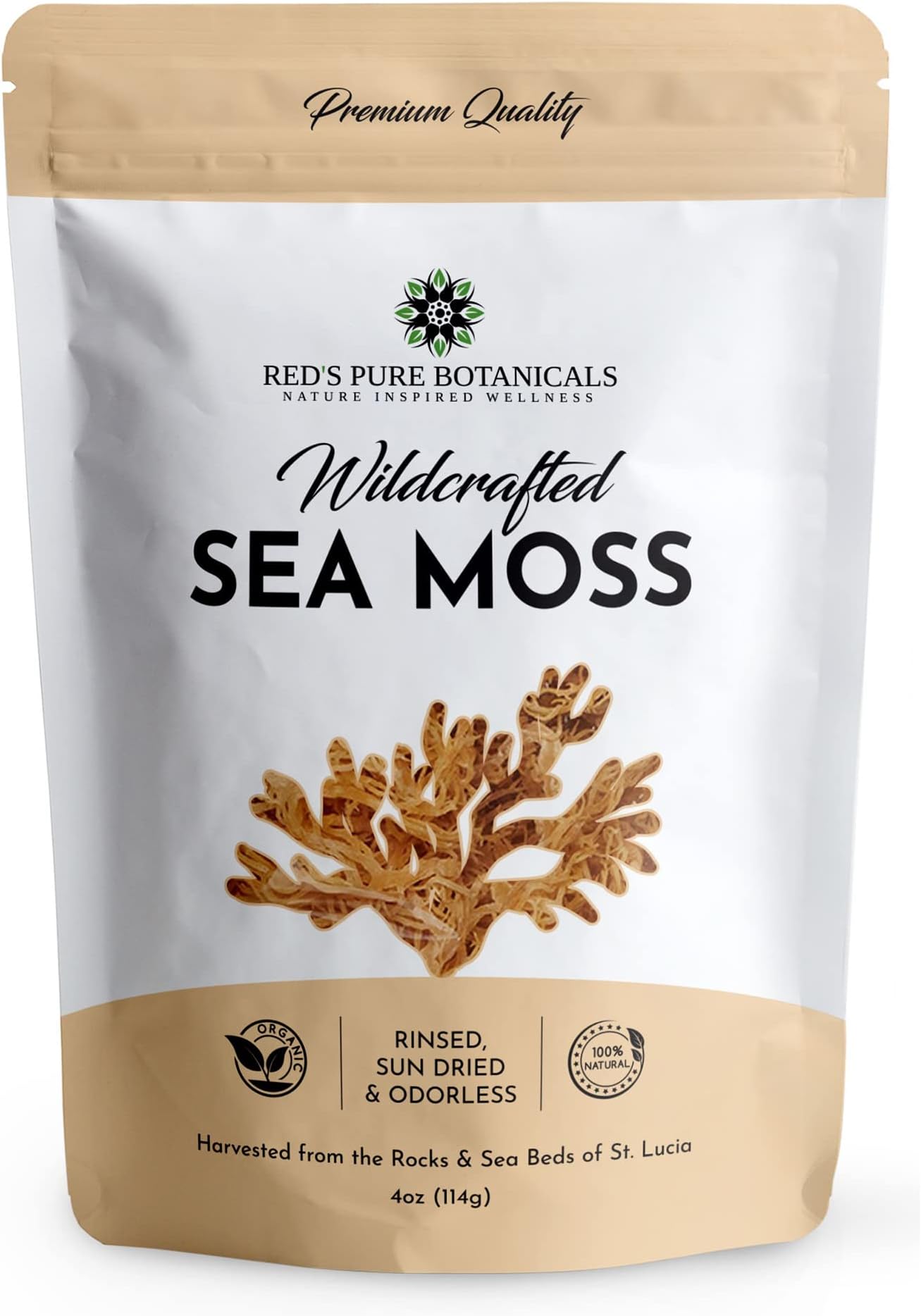 Wildcrafted Sea Moss - Healthy Irish, Raw Sea Moss from Rocks & Sea Beds of St. Lucia - 4oz Dry Makes 60-80oz Seamoss Gel - Hand-Harvested, Vegan and Non-GMO - 114 Gram Pack