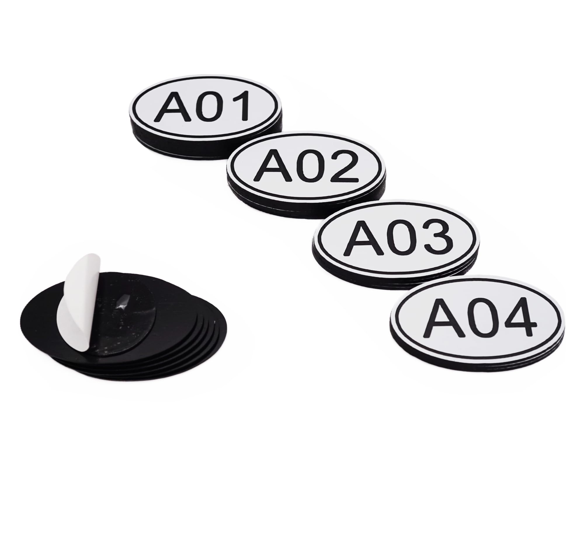 NanTun 50 Pack White Oval Locker Tags Table Numbers - 30mm x 50mm ABS Plastic Engraved Numbers - A01 to A50