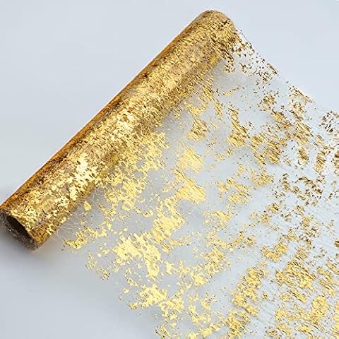 Snowkingdom 15M Glitter Metallic Gold Table Runner Inches Thin Mesh Sparkle Table Runner Roll Table Decorations for Wedding Bridal Shower, Baby Shower, Birthday Party (1PC) Cover