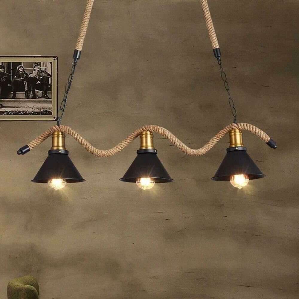 Lampadario a Sospensione Industriale in Corda e Bambù, 3 Luci E27 Stile Rustico Vintage per Sala da Pranzo, Cucina e Ristorante – B24-3
