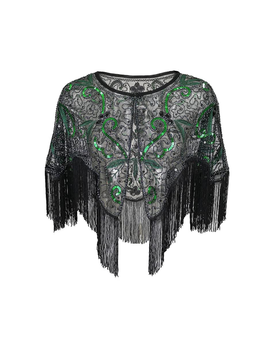 Grouptap 1920s Lace shawl gatsby bolero sequin shrug wrap cape for girls women flapper art deco evening costume (One Size) (Green)