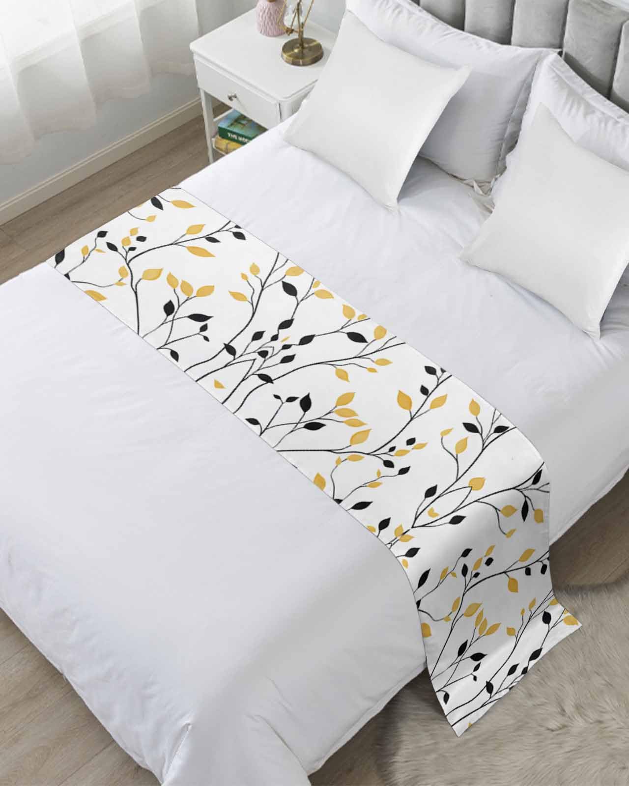 Yellow Black Leaves Bed Runner for Cal. King Size, Spring Botanical Branches Bedspread Protector Slipcover Bed Scarf for Foot Runners & Scarves for Bedroom Hotel Wedding Room 94x20 Inches