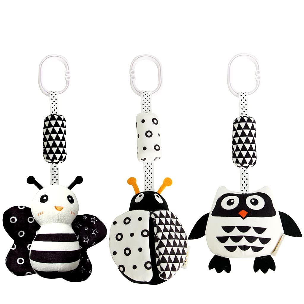 Hanging Rattle Toys, High Contrast Baby Toys and Plush Stroller Toys, Newborn Car Seat Toys with Black and White Cartoon Shapes Ladybug, Bee & Owl for Babies 0-36 Months (3 Pack)