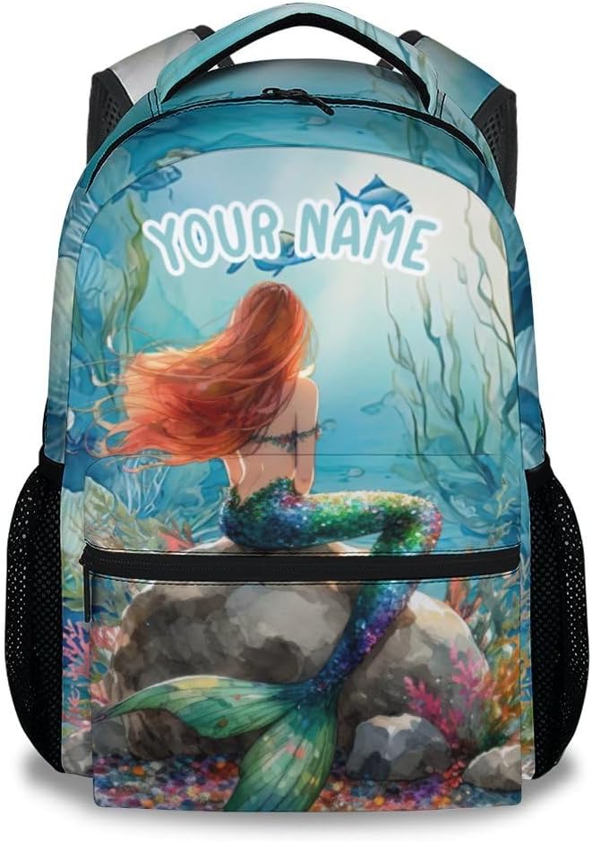 Personalized School Bag for Girls - Blue Durable Aesthetic Kid Backpack - 17 Inch Large Capacity Mermaid Bookbag for School, Travel and Camp