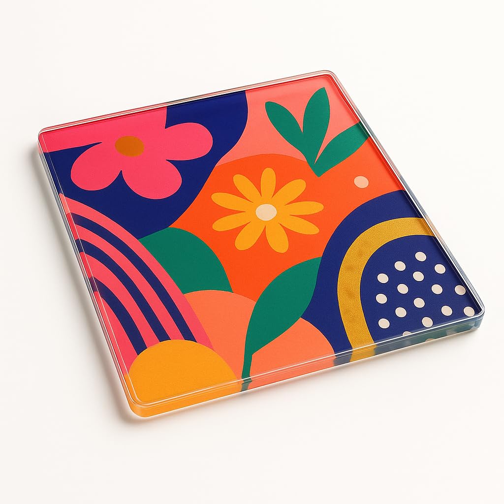 The Plum Penguin Garden Whirl Vibrant Acrylic Coaster Gift - Floral Abstract Design For Summer Party Enthusiasts